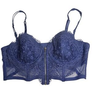 Victoria’s Secret Blue Lace Zip-Up Longline Bra – 36C 💙